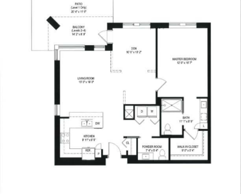 the drake 1 bedroom 1.5 bathroom and den floor plan