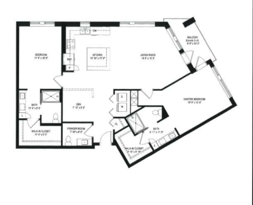 The Winchell 2 bedroom, 2.5 bathroom and den floor plan rendition