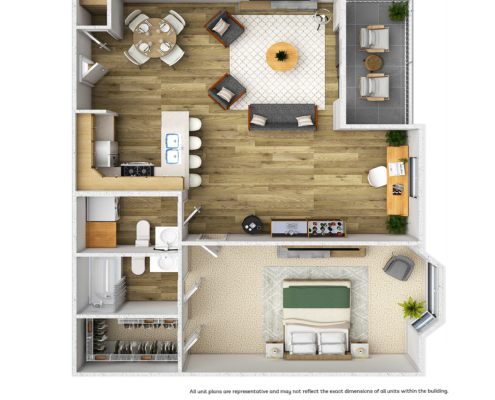 The Cedar 1 bedroom 2 bathroom and den floor plan